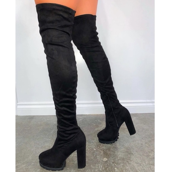 Faux Suede Stretchy Thigh High Lug Boots - Picture 2 of 12